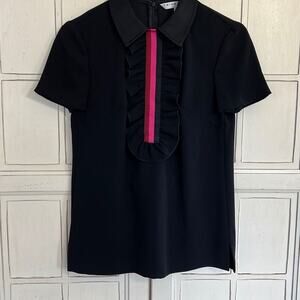 Trina Turk size XS ruffled front collared black with pink top blouse shirt